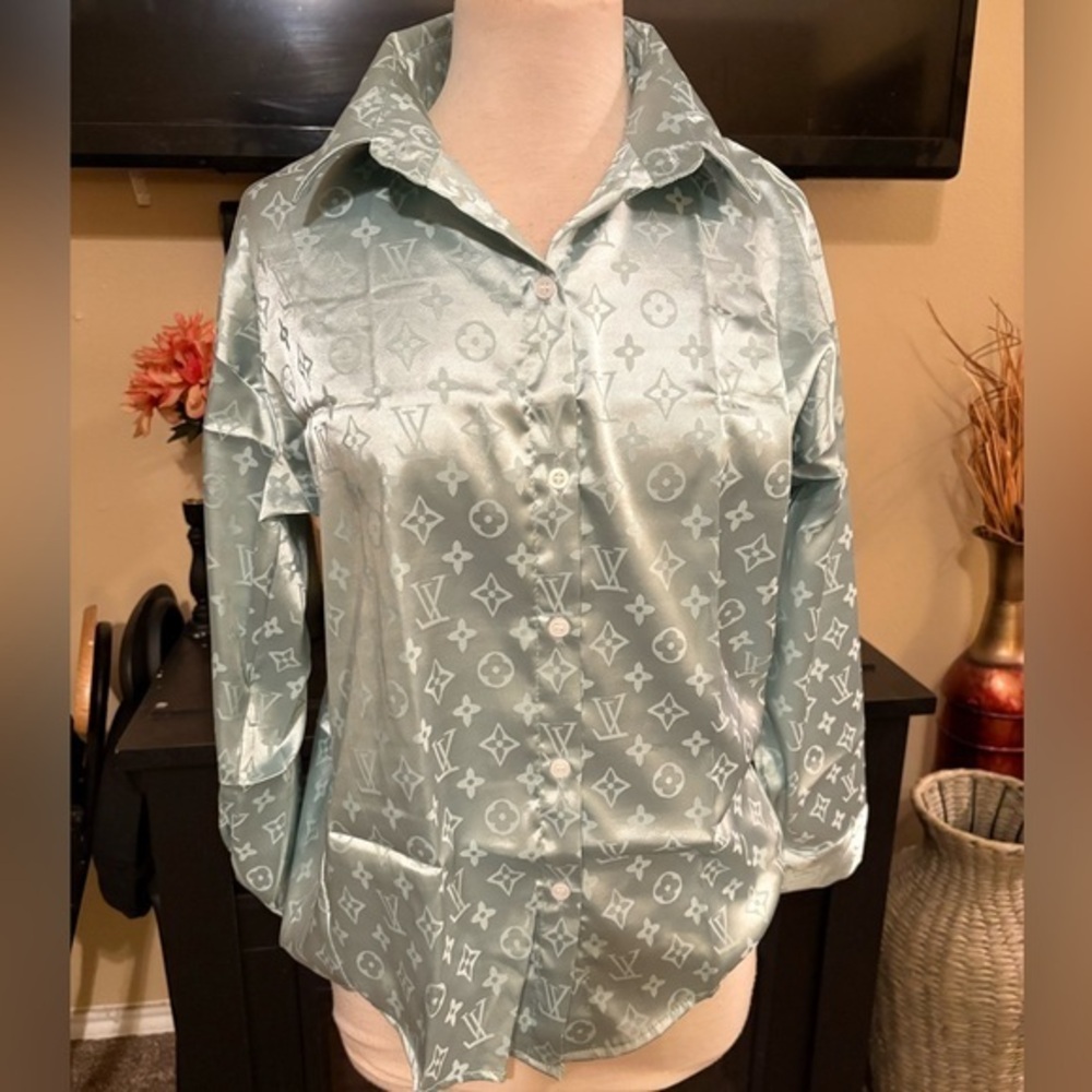 Teal Monogram Silk Button Down Top